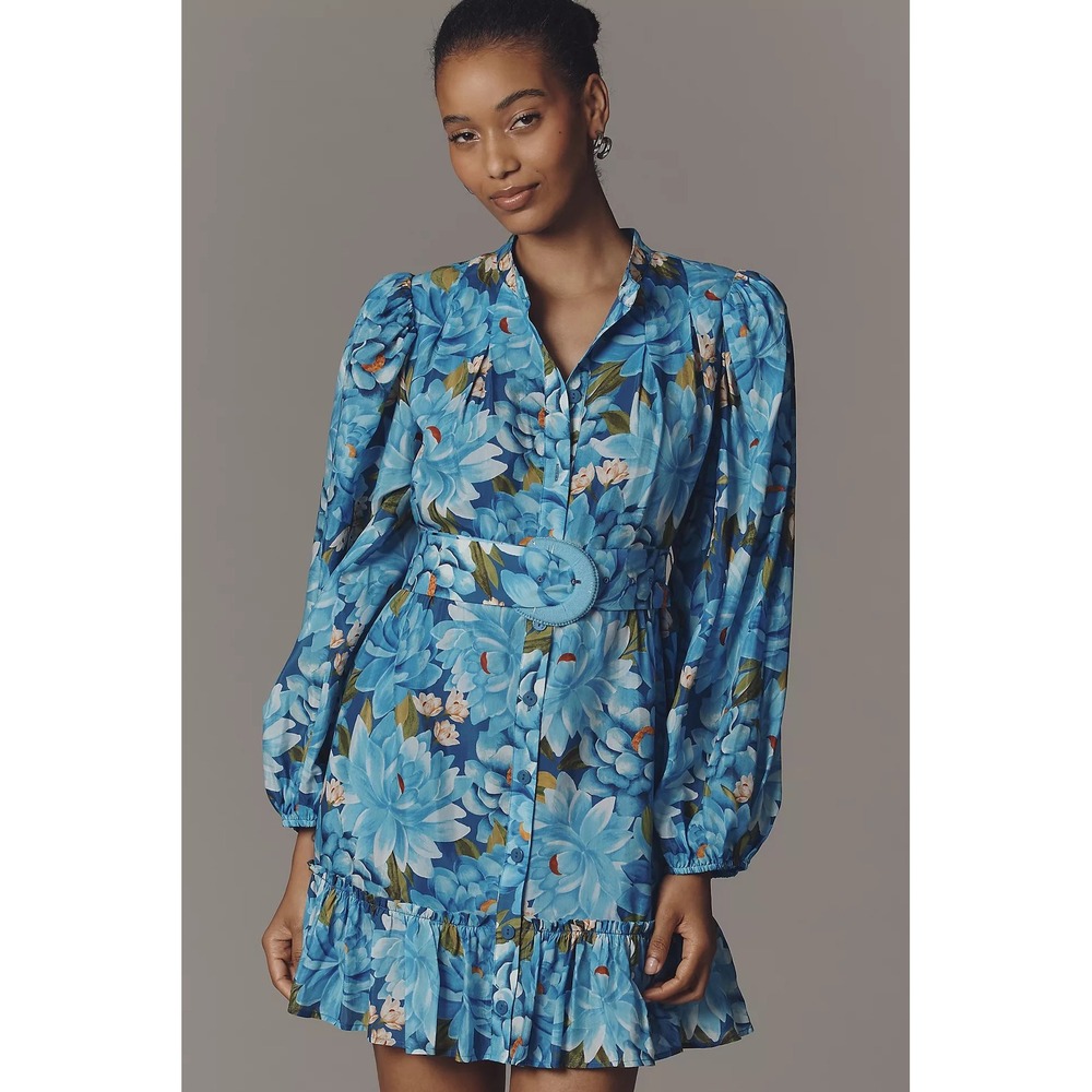 Farm Rio Floral Long Sleeve Belted Mini Dress L Blue Tropical European Summer